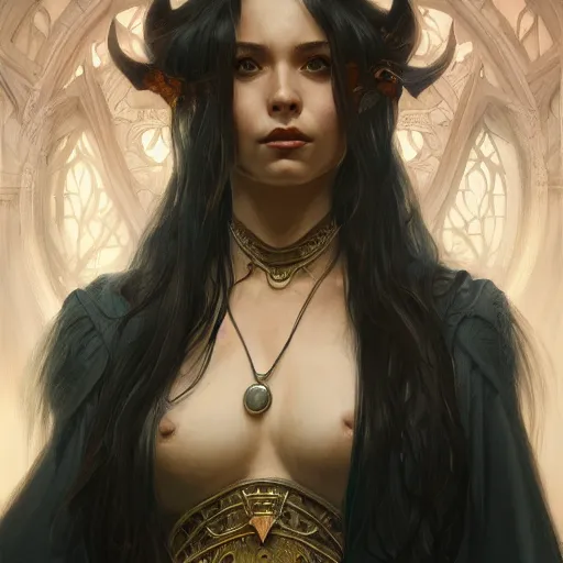 Image similar to portrait of a demon, D&D, fantasy, highly detailed, digital painting, artstation, smooth, sharp focus, illustration, art by artgerm and greg rutkowski and alphonse mucha