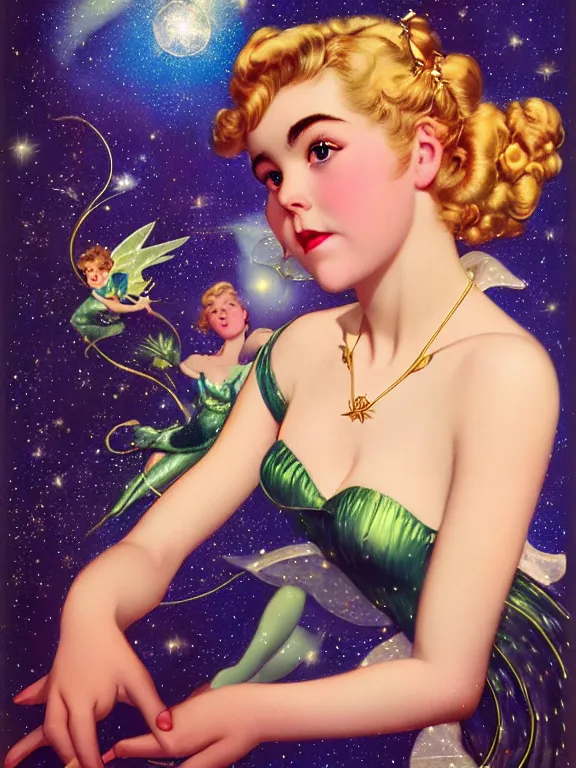 Prompt: kiernan shipka as tinkerbell glowing, a beautiful art nouveau portrait by Gil elvgren and Hajime Sorayama, moonlit starry sky environment, centered composition, defined features, golden ratio, gold jewlery, photorealistic professionals lighting, cinematic, sheer