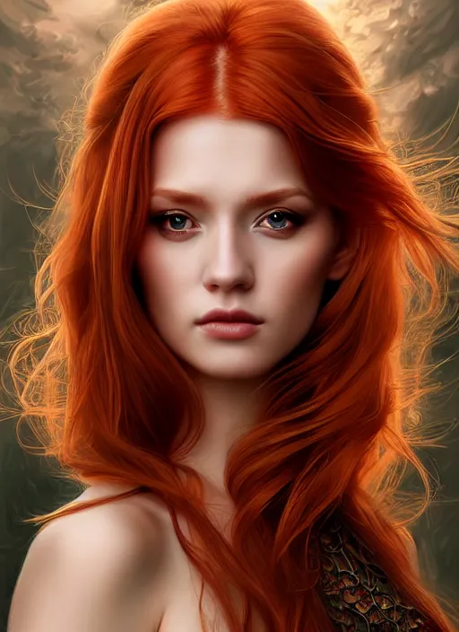 Prompt: portrait photo of a gorgeous young redhead woman with intricate detailed dragon eyes, in the style of stefan kostic, realistic, sharp focus, 8k high definition, insanely detailed, intricate, elegant, art by stanley lau and artgerm