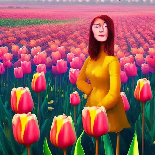 Prompt: large tulip face, girl frontal in a flower field, surreal photography, sunrise dramatic light, impressionist painting, colorful clouds, digital painting, artstation, simon stalenhag, flower face