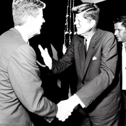 Image similar to a black and white photo of president kennedy shaking hands with a space alien