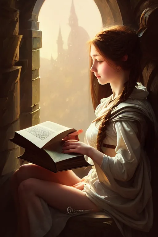 Image similar to photography alexey kurylev, a girl reading a book, gentle, deep focus, d & d, fantasy, complex, elegant, highly detailed, digital painting, artstation, concept art, matte, clear focus, illustration, hearthstone, artgerm art, greg rutkovsky and alphonse mucha