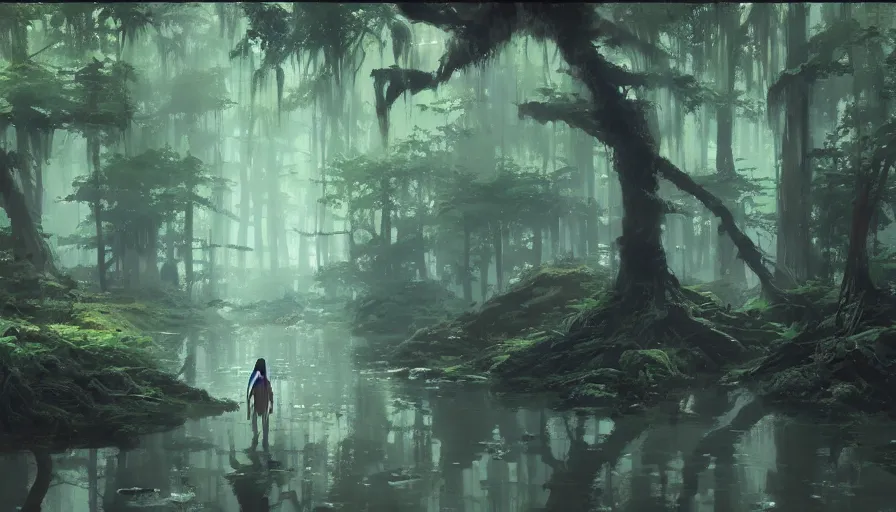 Image similar to a swampy environment, trending on pixiv fanbox, painted by greg rutkowski makoto shinkai takashi takeuchi studio ghibli