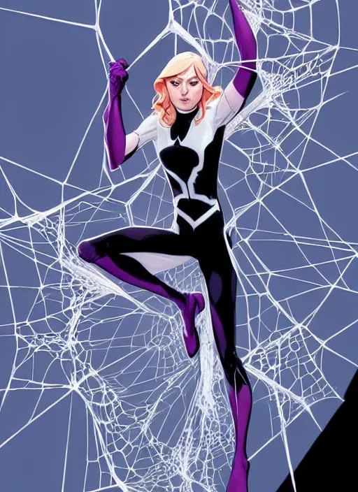 Image similar to Rafeal Albuquerque comic art, Joshua Middleton comic art, cinematics lighting, pretty female Emma Stone as Spider Gwen, Marvel comics, hanging from white web, playful smirk, symmetrical face, symmetrical eyes, full body, flying in the air, city in background