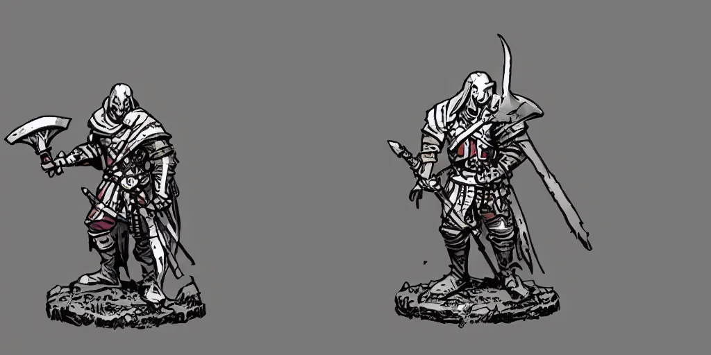 Prompt: medieval paladin character design. sideview. darkest dungeon. idle. white background. art by moebius and thomas kinkade and greg rutkowski.