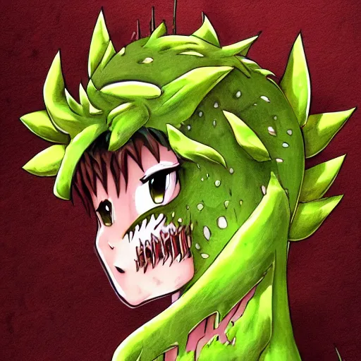 Prompt: plant monster, anime art style, trending on art station, amber eyes and a smug smile