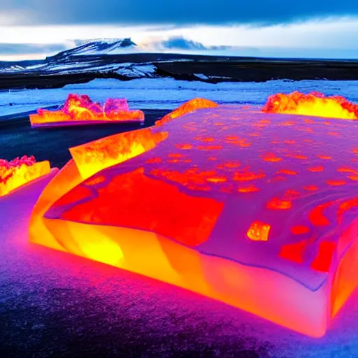 Prompt: top down view of iceland country ice sculpture surrounded by ocean made out of hot lava