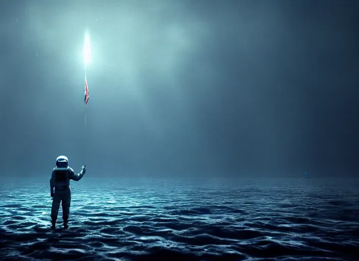 Image similar to astronaut holding a flag in an underwater desert. a submarine is visible in the distance. dark, concept art, cinematic, dramatic, atmospheric, 8 k, trending on artstation, blue, fish, low visibility, fog, ocean floor, christopher nolan, interstellar