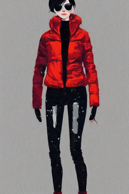 Image similar to a ultradetailed beautiful painting of a stylish woman wearing a puffer jacket, by conrad roset, greg rutkowsk and ilya kuvshinov trending on artstation