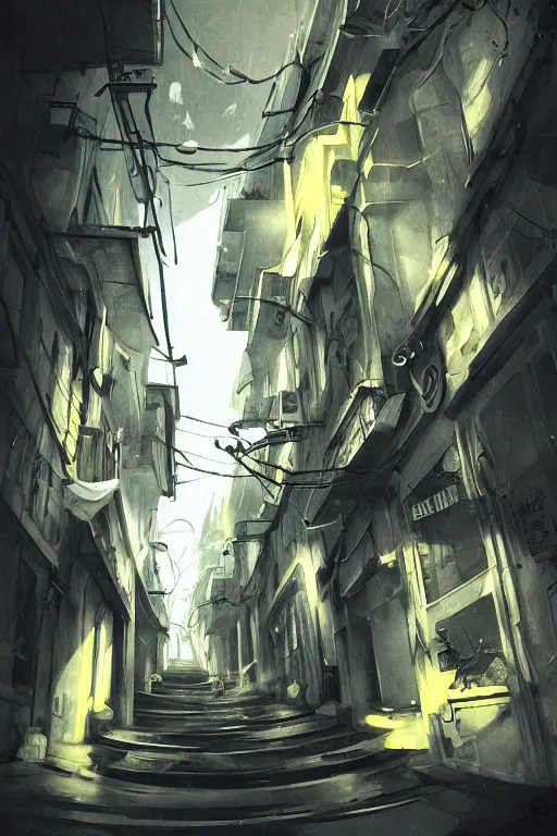Image similar to white and yellow colors. Alleyway in style of cytus and deemo, mysterious vibes, set in half-life 2, beautiful with eerie vibes, very inspirational, very stylish, surrealistic, perfect digital art, mystical journey in strange world, bastion game