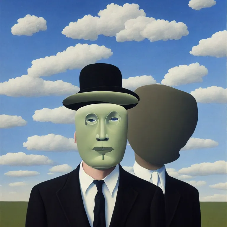 Image similar to portrait of a faceless chrome - head man in a suit, clouds in the background, by rene magritte, detailed painting, distance, centered, hd, hq, high resolution, high detail, 4 k, 8 k