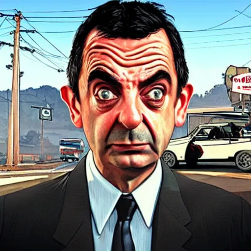 Prompt: “Mr Bean in GTA V, cover art by Stephen Bliss, Boxart, loadscreen”