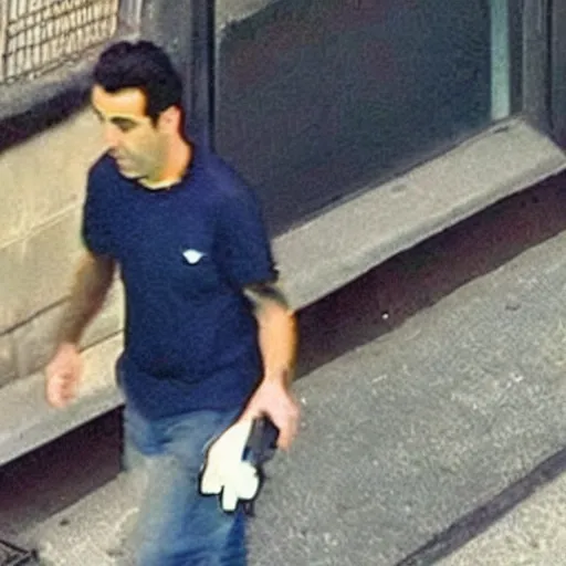 Image similar to surveillance camera footage of xavi hernandez on the street holding a pigeon