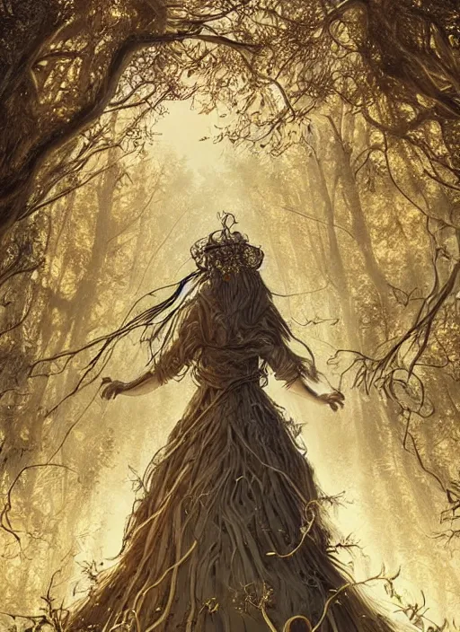 Prompt: golden forest at background, creative!!! composition for a book cover, absurdly beautiful, ultrafine hyperrealistic detailed old witch face by wlop and artgerm and greg rutkowski, intricate linework, sharp focus, smooth, octopath traveler, final fantasy, unreal engine, dramatic lighting, ethereal, 8 k