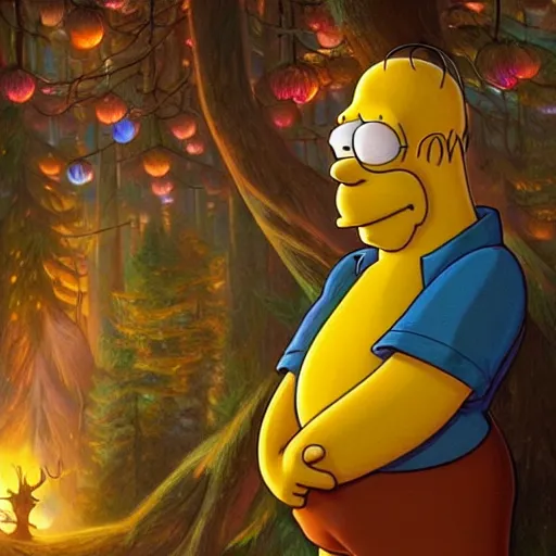 Image similar to ultra realistic illustration of magical real life cartoon character homer simpson, forest, fantasy, colorful lights, intricate, elegant, highly detailed, digital painting, artstation, concept art, smooth, sharp focus, illustration, art by artgerm and greg rutkowski and alphonse mucha homer!!! simpson!!!