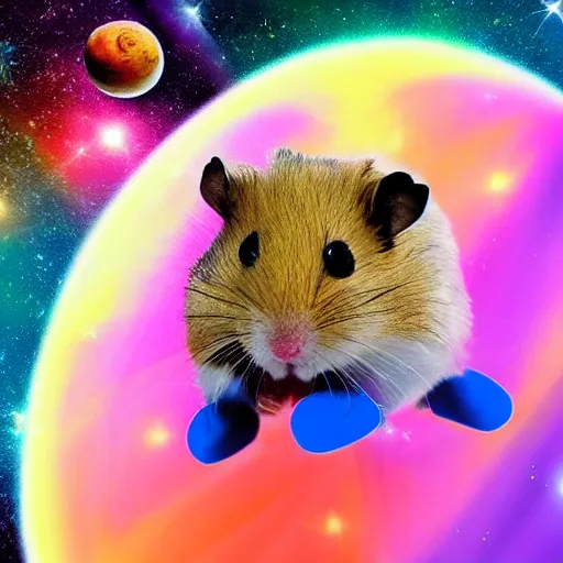 Image similar to hamster skating through space, colorful, realistic