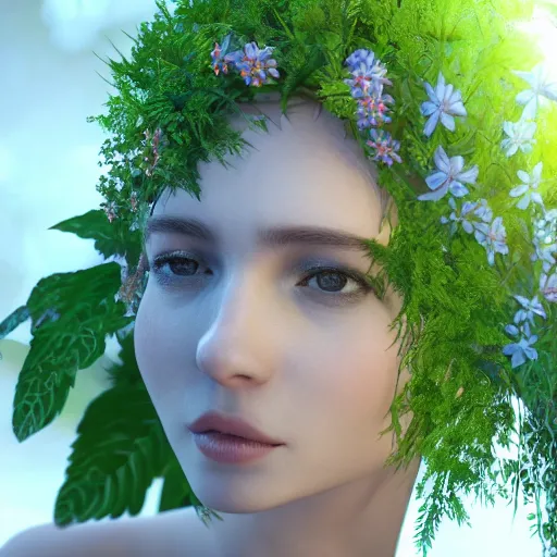 Prompt: a beautiful nymph with plants for hair and clothed in vegetation hyper realistic, photorealistic, 4 k