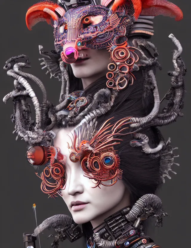 Prompt: 3 d goddess close - up profile portrait cyberpunk with ram skull. beautiful intricately detailed japanese crow kitsune mask and clasical japanese kimono. betta fish, jellyfish phoenix, bio luminescent, plasma, ice, water, wind, creature, artwork by tooth wu and wlop and beeple and greg rutkowski