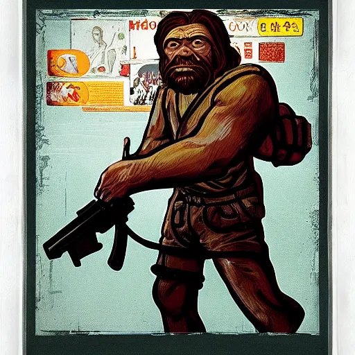 Prompt: saint homo neanderthalis, portrait, propaganda poster, with book of science on his right hand, and riffle, pop art, gta chinatown wars art style, bioshock infinite art style, hyperrealistic, two colors, white frame border, 4 k, uhd, remove duplicate content, align left.