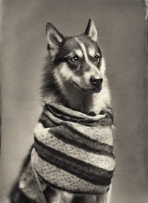 Prompt: late 1 8 0 0 s daugerrotype photograph of a happy husky dog wearing a scarf