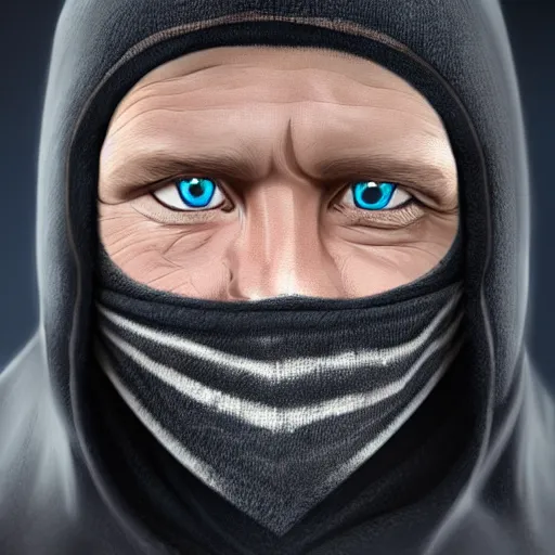 Image similar to a detailed portrait of a man wearing a black ski mask, blue eyes, art illustration, incredibly highly detailed and realistic, 8 k, sharp focus