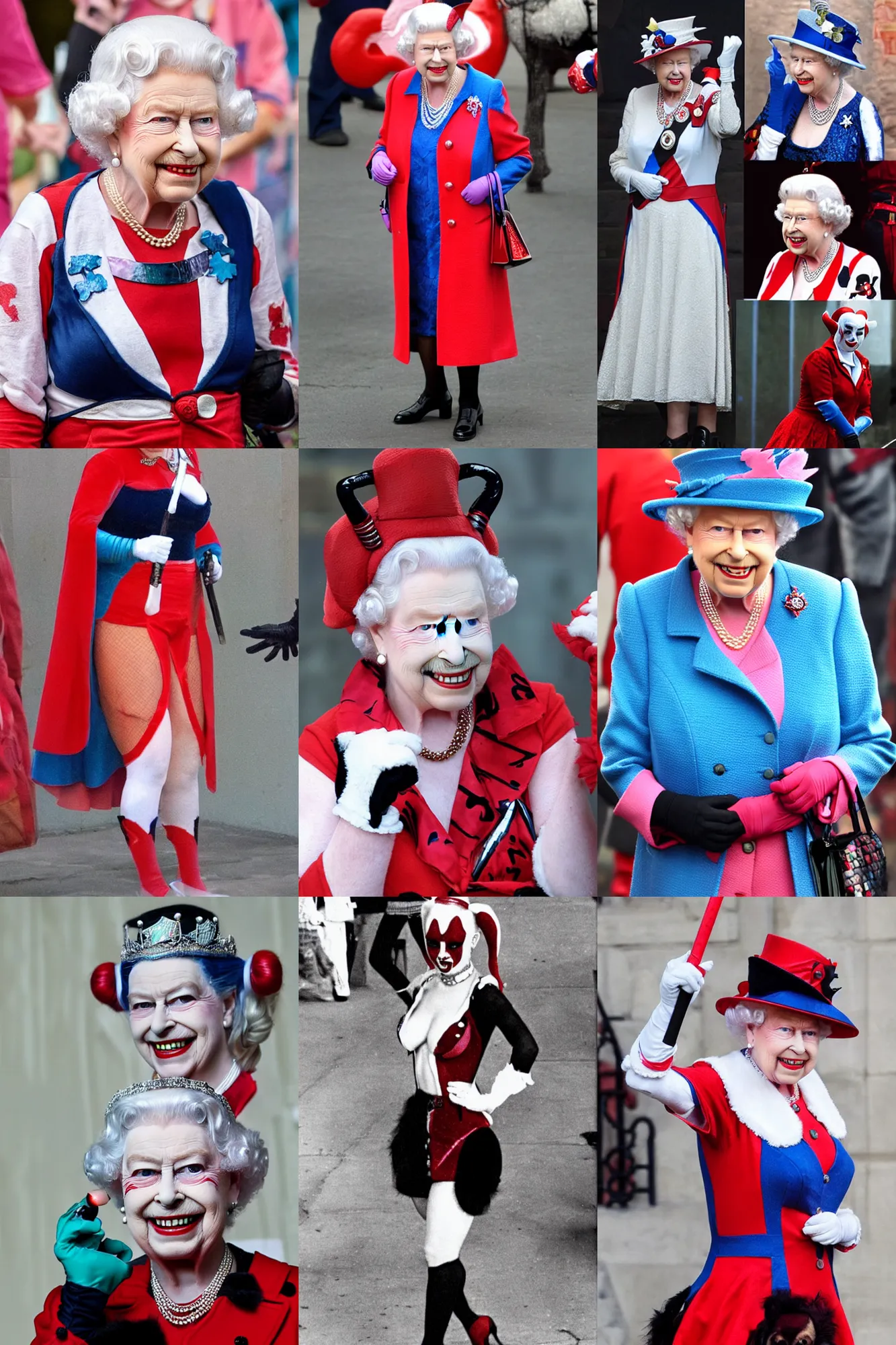 Prompt: Queen Elizabeth dressed as Harley Quinn