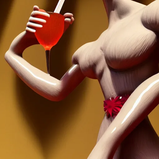 Image similar to close - up of white reneissance statue holding a coctail, colorful coctail, digital painting, 3 d render, above the waist