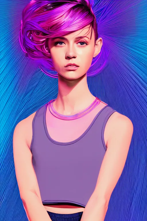 Image similar to a award winning half body portrait of a beautiful woman in a croptop and cargo pants with ombre purple pink teal hairstyle and hands in pockets by thomas danthony, surrounded by whirling illuminated lines, outrun, vaporware, shaded flat illustration, digital art, trending on artstation, highly detailed, fine detail, intricate