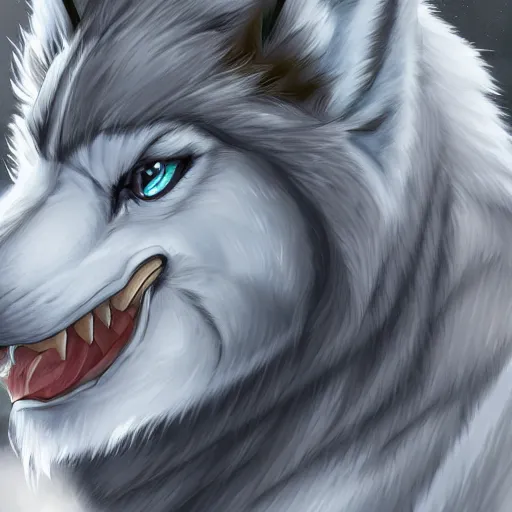 Prompt: art of white wolf fursona, profile picture, highly detailed anime artwork, Falvie, pixiv, furaffinity, DeviantArt, trending on artstation