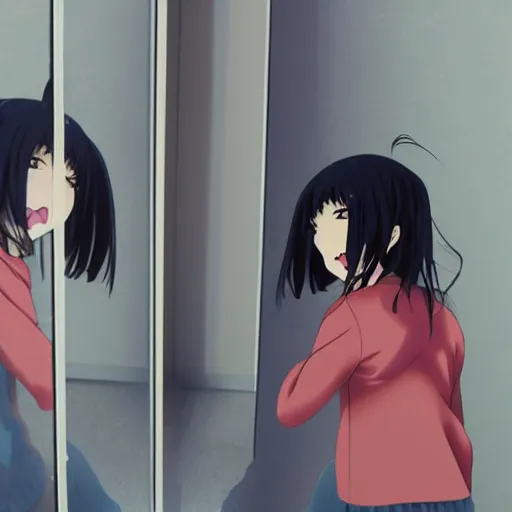 Prompt: an anime girl looking at her reflection in a mirror