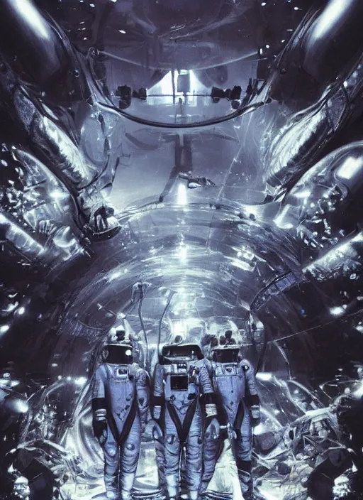 Image similar to astronauts in dark and empty void underwater - complex and hyperdetailed technical suit. reflection and dispersion materials. rays and dispersion of light. volumetric light. 5 0 mm, f / 3 2. noise film photo. flash photography. ultra realistic, wide angle. poster by wayne barlowe, hajime sorayama aaron horkey, craig mullins