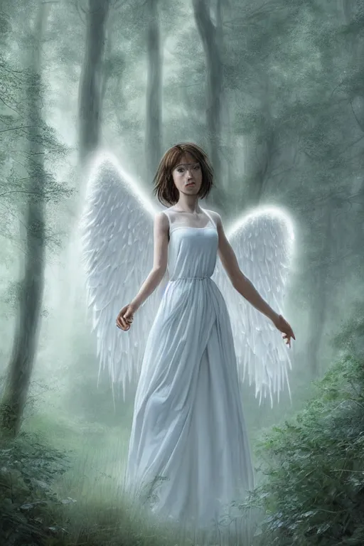 Prompt: a beautiful angel in white dress in a forest, inspired by thomas eakes & greg rutkowski & xiang duan, perfect symmetry, magic realism, post - processing, extremely hyper - detailed, intricate, soft - lighting, lifelike attributes, masterpiece, pastel'