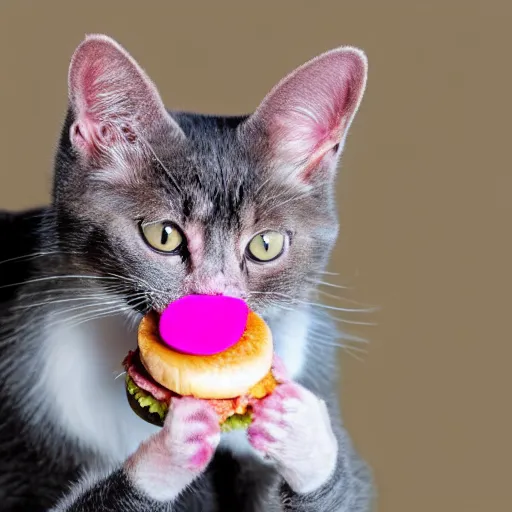 Image similar to photo of a pink cat with pink fur, eating a hamburger, biting a hamburger-C 12