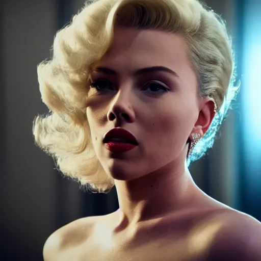 Image similar to stunning awe inspiring scarlett johansen as marilyn monroe, movie still 8 k hdr atmospheric lighting