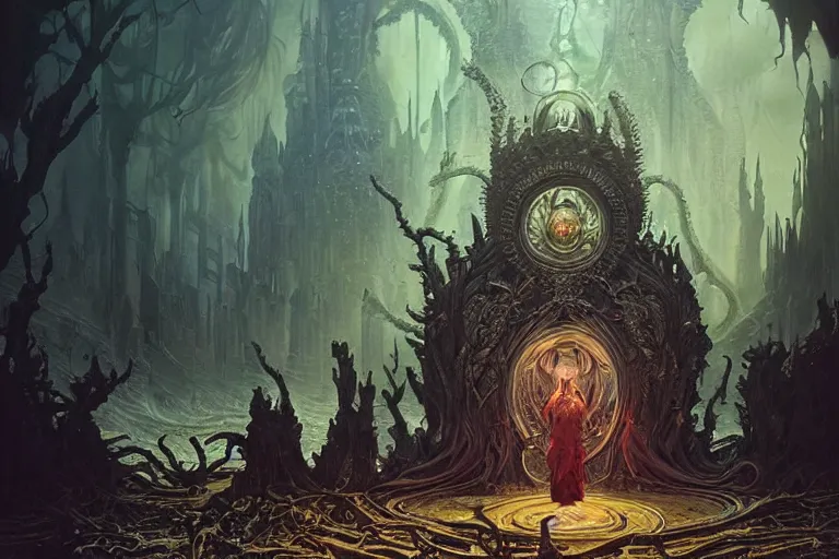 Image similar to a lovecraftian painting of a demonic shrine, occult, moster summoning, warlocks ritual, cosmic horror elements, ultra realistic, concept art, intricate details, eerie, highly detailed, photorealistic, octane render, 8 k, unreal engine. art by artgerm and greg rutkowski and alphonse mucha