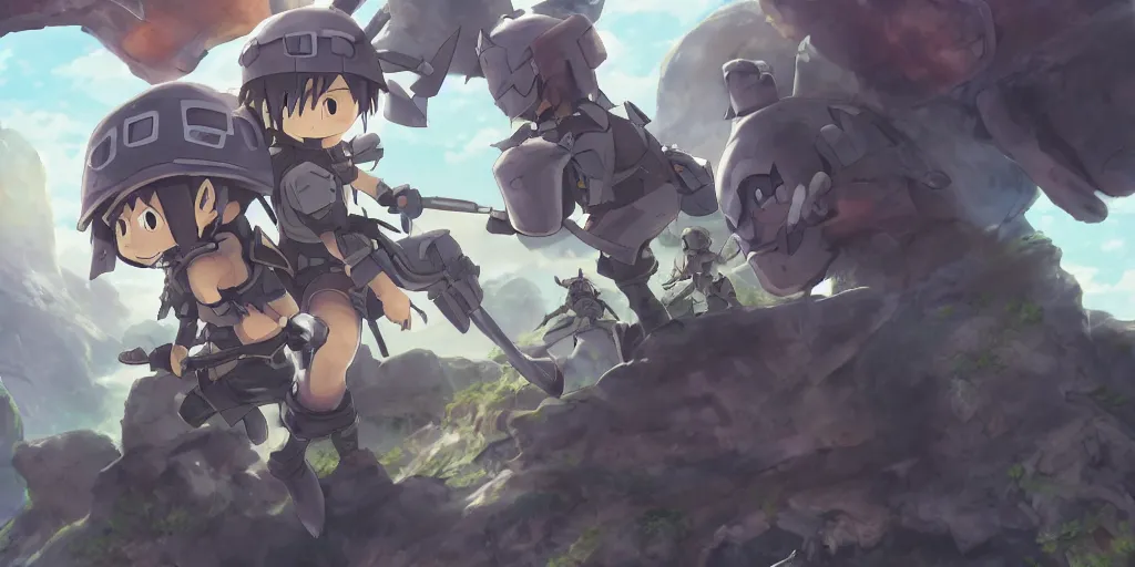 Image similar to soldiers fighting monsters ; digital painting, anime art, smooth, sharp focus, rule of thirds, from made in abyss