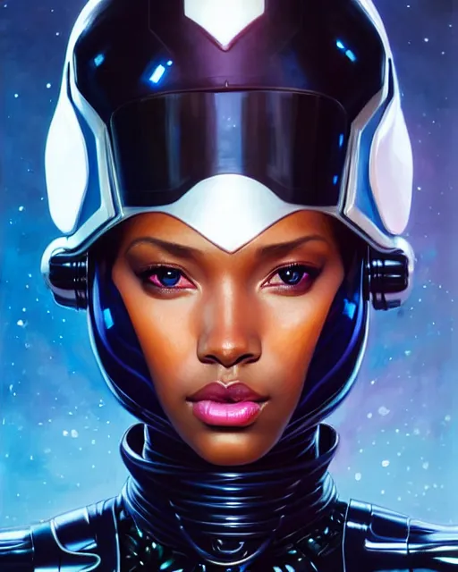 Image similar to Portrait of very very very very very very beautiful black woman, spacesuit, futuristic cybernetic helmet, blue eyes, real life skin, intricate, elegant, highly detailed, artstation, concept art, smooth, sharp focus, art by artgerm and greg rutkowski and alphonse mucha