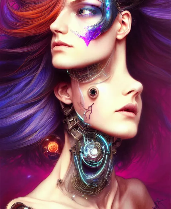 Prompt: a whirlwind of souls rushing inside the metaverse, half body, jewelry, fashionable haircut, android, cyborg, cyberpunk face, by loish, d & d, fantasy, intricate, elegant, highly detailed, colorful, vivid color, digital painting, artstation, concept art, art by artgerm and greg rutkowski and alphonse mucha