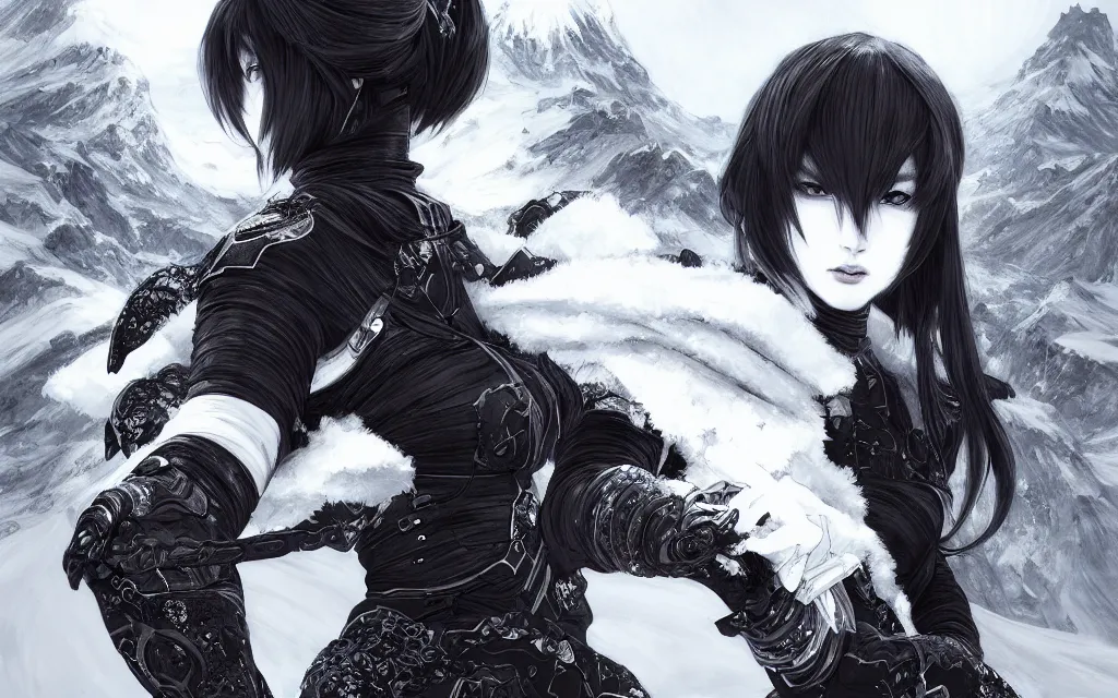 Image similar to portrait ninja gaiden girl, black plus white ninja wardrobe, at snowy fuji mountain sunrise, ssci - fi and fantasy, intricate and very very beautiful, detailed, digital painting, artstation, concept art, smooth and sharp focus, illustration, art by tian zi and wlop and alphonse mucha