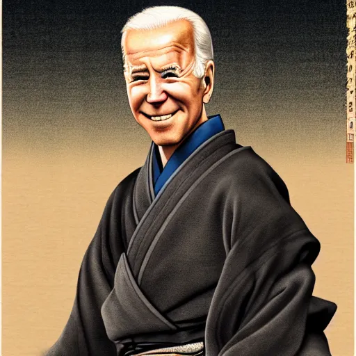 Image similar to joe biden dressed as a samurai in an edo period japanese ink block painting, 4 k, hyper realistic, dslr, high resolution, landscape, beautiful