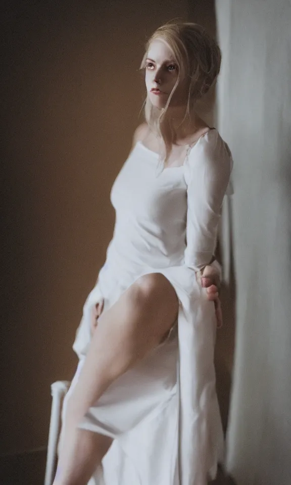 Prompt: photo of gorgeous seductive tall emily skinner cosplaying annie leonhart wearing elegant white dress, wearing open toe heels, in a white room, beautiful face, pale skin, rule of thirds, cinematic lighting, rainy weather, melancholy atmosphere, sharp focus, backlit, stunning, smooth, hard focus, full body shot, studio photo, shot on sony a 7 iii, hyper realistic,