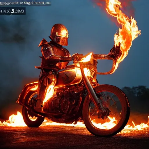 Prompt: “a burning knight in full armor riding a burning motorcycle that is on fire in an graveyard at midnight. cursed image.”
