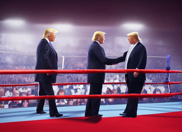 Image similar to a beautiful painting of donald trump and joe biden in a boxing match, cinematic angle, studio lighting, movie concept, trending on artstation, octane render, 8 k, ultra high detail