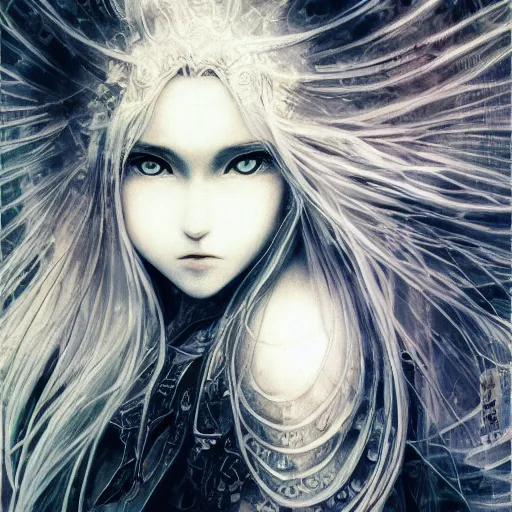 Prompt: yoshitaka amano blurred and dreamy realistic illustration of an anime girl with wavy white hair and cracks on her face wearing elden ring armor with the cape fluttering in the wind, abstract black and white patterns on the background, noisy film grain effect, highly detailed, renaissance oil painting, weird portrait angle