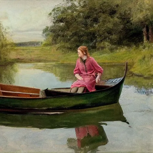 Prompt: a woman wearing a green blouse and grey skirt sitting in a wooden rowboat, calm lake, swedish landscape, in the style of anders zorn