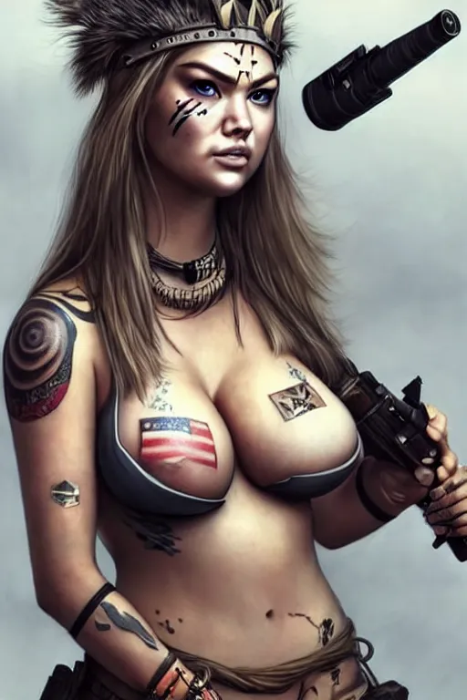 Image similar to gorgeous!! hyper - realistic woman resembling kate upton as a post - apocalyptic warrior girl with tattoos & tribal face paint, bikini + tattered military gear, holding a rocket launcher | drawn by wlop, drawn by jeehyung lee, drawn by artgerm | smooth, sharp focus, intricate