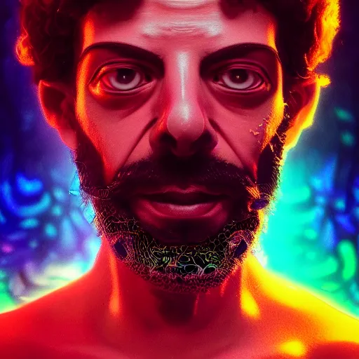 Image similar to terence McKenna posing seductively with psychedelic mushrooms, psychedelic, fractal, Claymorphism, cinematic lighting, dramatic, octane render, full body, trending on artstation, perfect facial symmetry, bokeh, 8k, intricate, hyper detailed