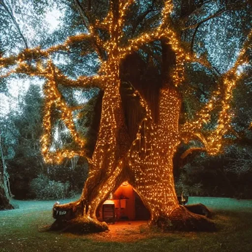 Prompt: cozy house inside a giant tree with fairy lights