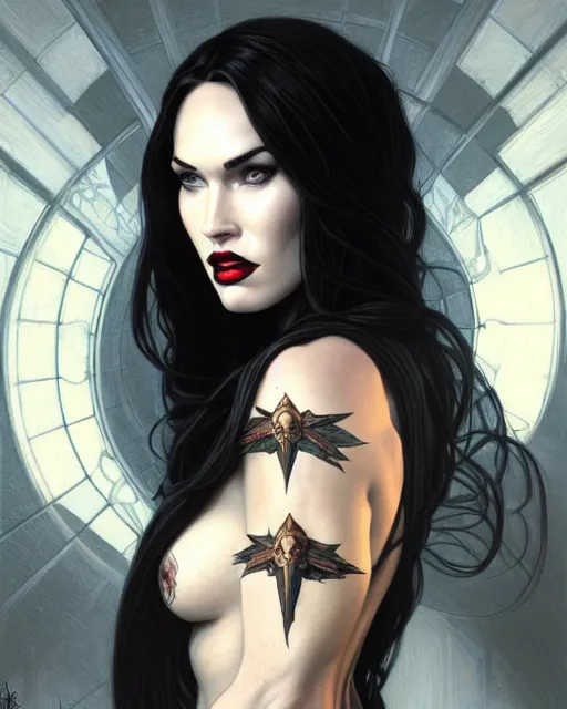 Image similar to portrait of megan fox as lady death, albino, lady death, chaos comics, coffin comics, hell, intricate, headshot, highly detailed, digital painting, artstation, concept art, sharp focus, cinematic lighting, illustration, art by artgerm and greg rutkowski, alphonse mucha, cgsociety