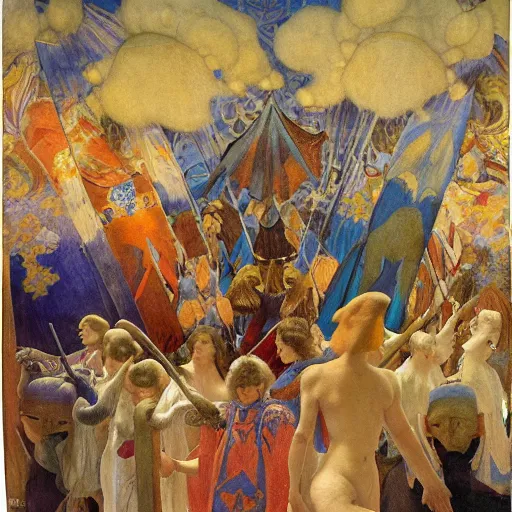 Prompt: war between the house of crows and the house of moths, by Annie Swynnerton and and Nicholas Roerich and Diego Rivera and Maxfield Parrish and Gaston Bussière , symbolist, dramatic lighting, embroidered brocade robes, god rays, rich colors,smooth, sharp focus, extremely detailed